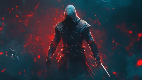 Hooded shadow assassin strides through embers and mist.
