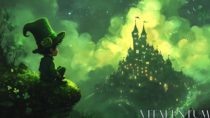 Lone child in green hat watching glowing fantasy castle.