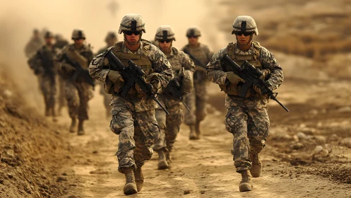Dusty trail soldiers moving forward with focused resolve.