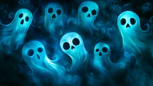 Playful blue ghosts drifting through soft swirling mist.
