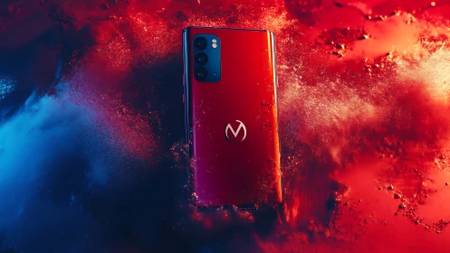 Red smartphone in mixed red and blue particulate environment.