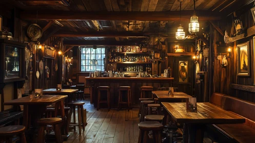 Rustic wooden tavern interior with warm ambient lighting.