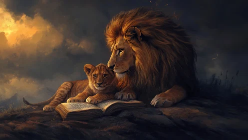 Lion and Cub Share a Magical Moment.