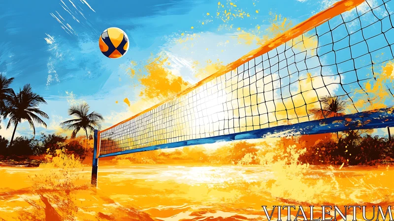 Beach volleyball court with net and ball at tropical shore.