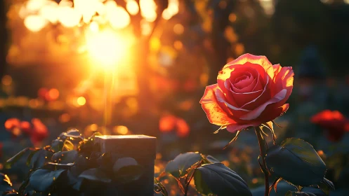 Sunlit rose bloom glowing in warm golden hour radiance.