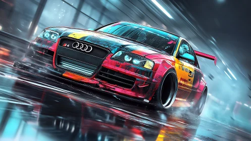 Neon-soaked street racer sliding through a rainy night.