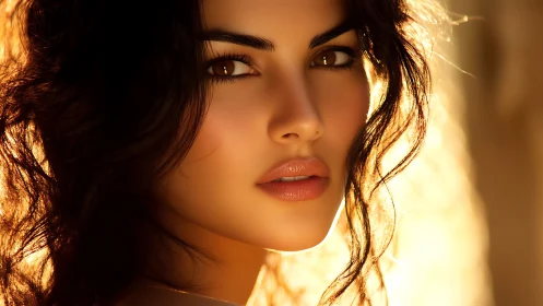 Close-up portrait of woman in warm backlit setting.