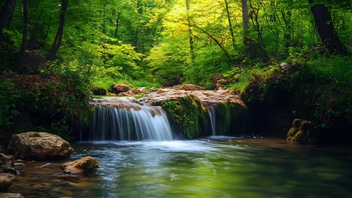 Small forest waterfall flows over rocks into clear pool