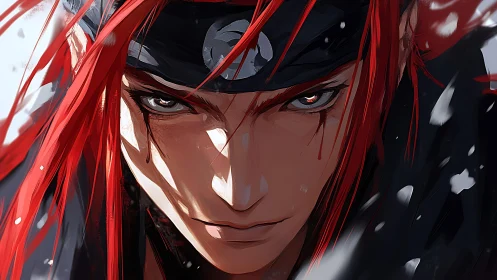 Red-haired warrior stares ahead through swirling snowstorm.