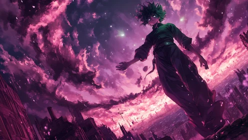 Anime hero dominates neon storm sky over ruined city.