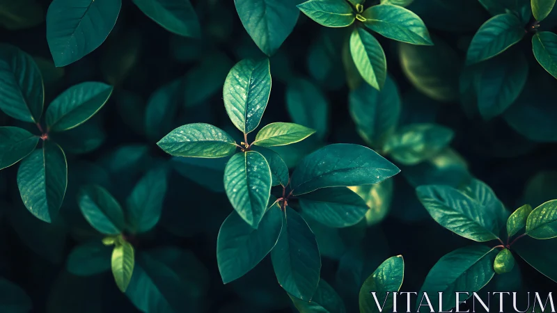 Lush emerald foliage under dramatic low key lighting.