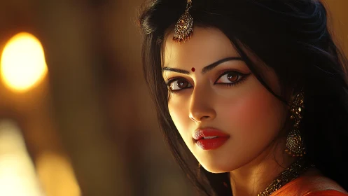 Radiant woman in warm light shares a quiet, soulful gaze
