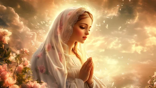 Rose-kissed prayer drifts upward through a painted golden sky