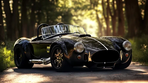 Glossy black roadster under dappled forest sunlight.