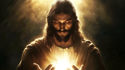 Photorealistic sacred figure with radiant central light source.