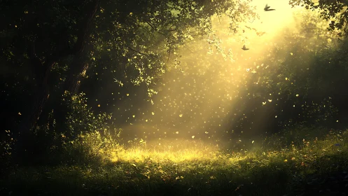 Sunlit clearing is illuminated through dense forest canopy