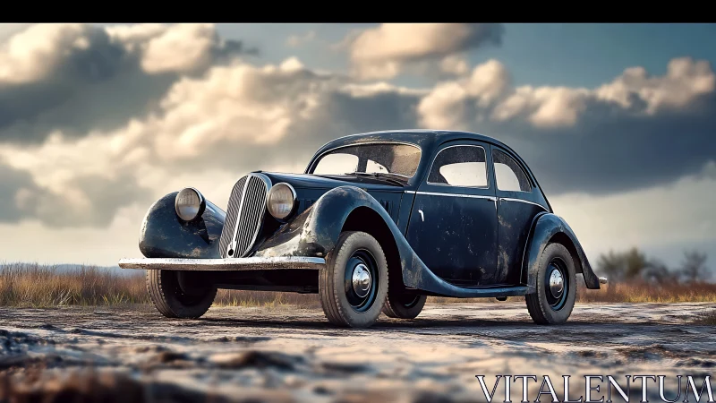 Vintage black coupe rendered in dramatic sunset landscape.