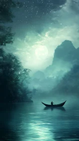 Moon-drowned River Voyage beneath whispering emerald mist.
