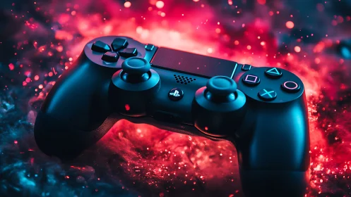 Gaming Controller Against Neon Red and Blue Particle Background