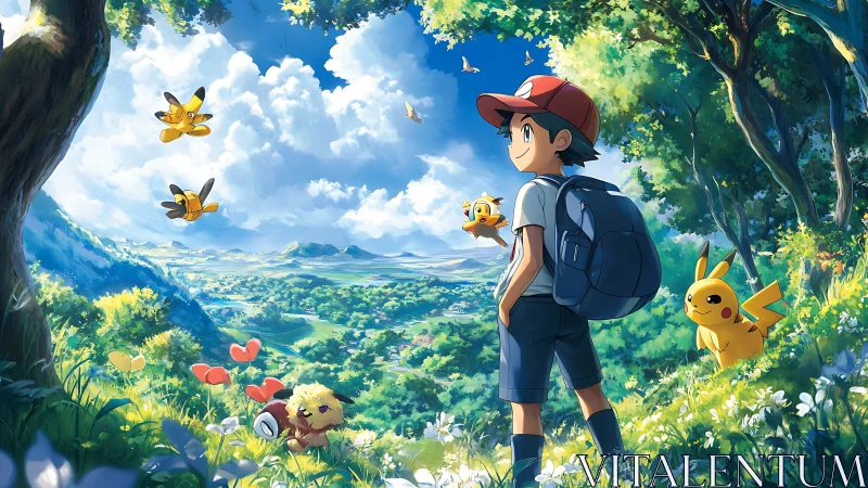 Anime landscape with trainer and electric creatures in sunlit valley