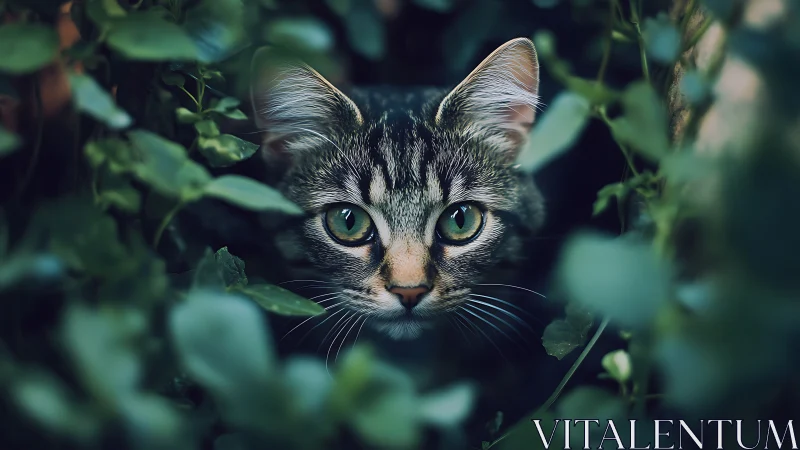 Tabby Cat Displaying Forward-Facing Frontal Composition with Verdant Foliage Depth of Field