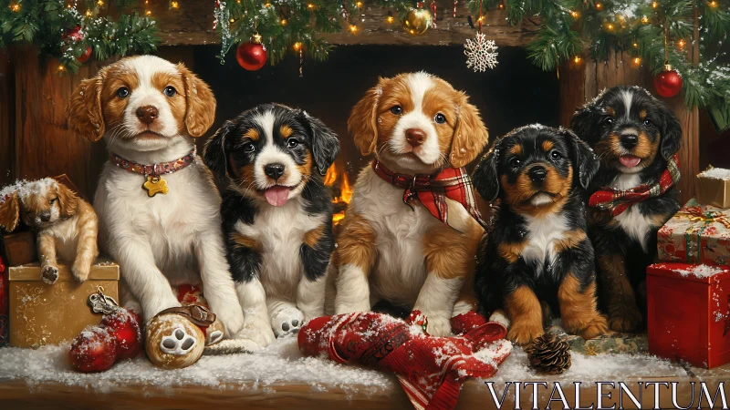 Christmas puppies arranged before fireplace with decorations.