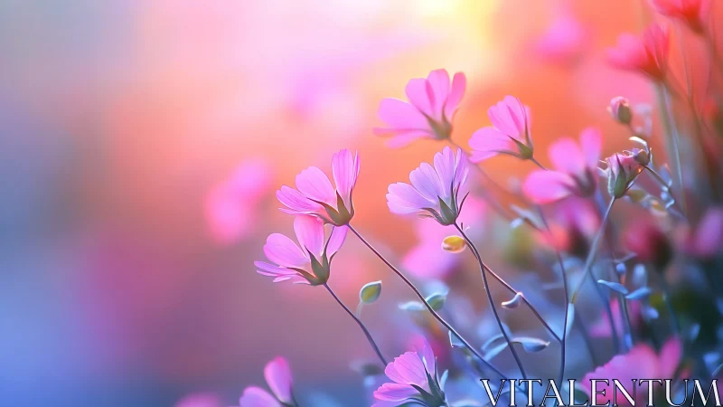 Pink wildflowers bloom in golden hour light
