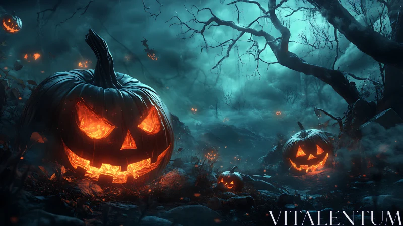 Glowing jack-o&rsquo;-lanterns illuminate a fog-drenched haunted forest