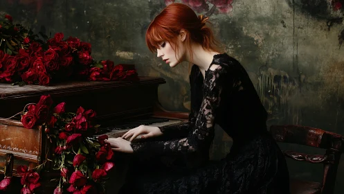 Red-haired pianist in gothic lace dress at rose-covered piano