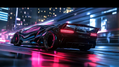 Cyberpunk hypercar rear three-quarter view in neon streetscape