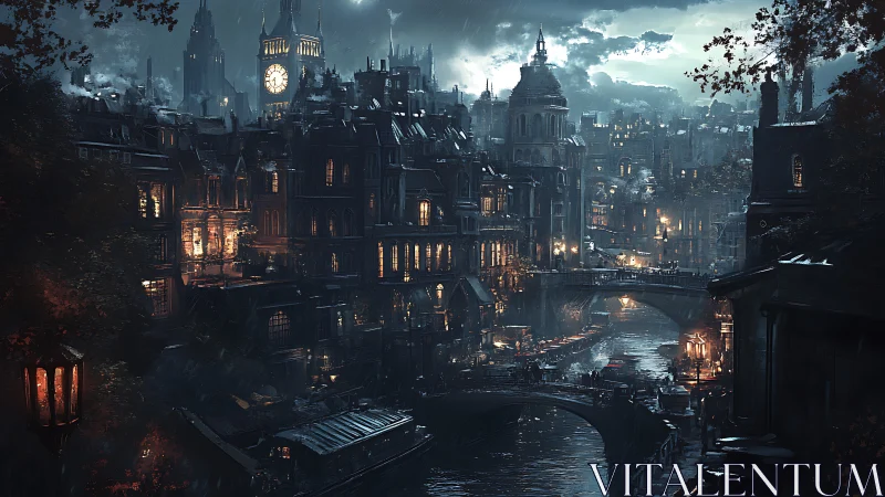 Nocturnal steampunk canal city under stormlit skyline.