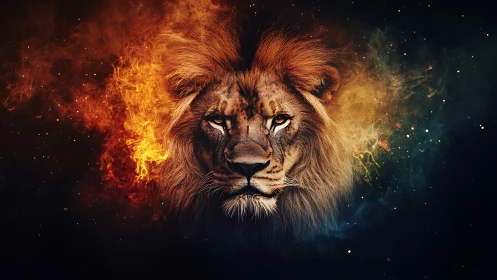 Lion portrait with fiery and cosmic abstract background.
