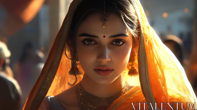 Digital portrait with volumetric light on veiled subject face.