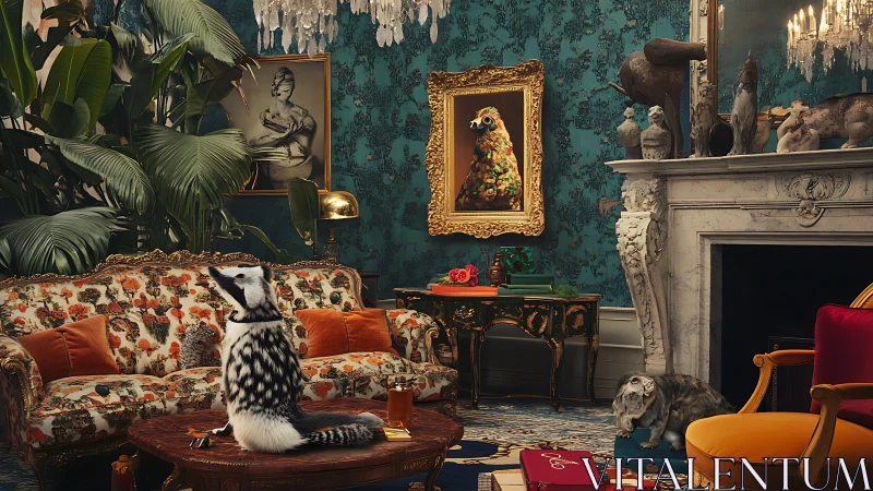 Opulent parlor with surreal animals and ornate decor.