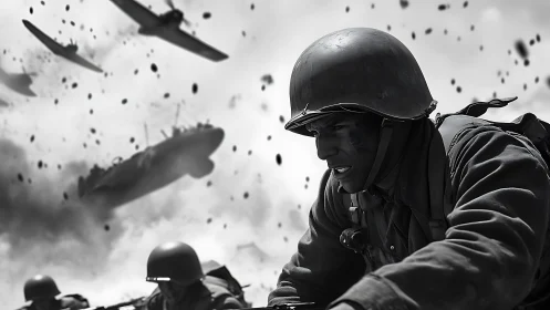 Combat soldier under aerial bombardment in monochrome chaos.