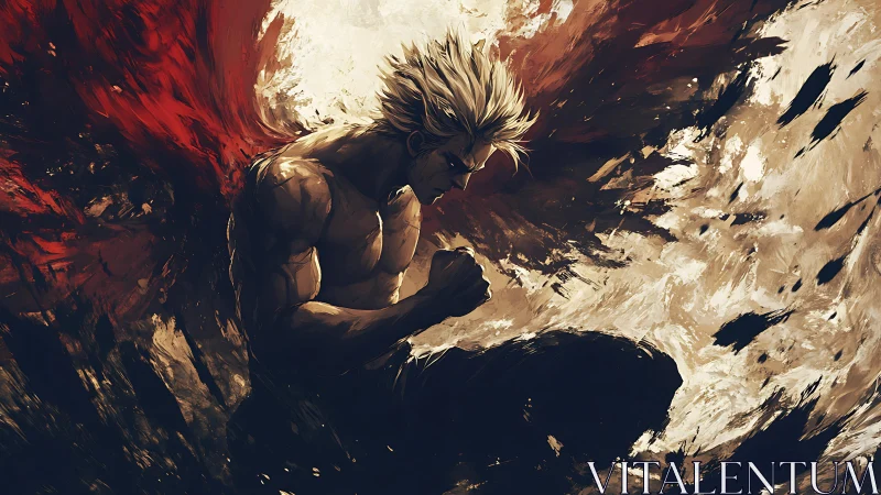 Torso-bared warrior kneels amid exploding abstract energy