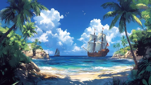 Galleon ship anchored in tropical island cove