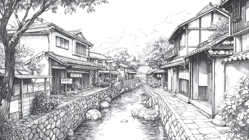 Ink line drawing of traditional riverside Japanese street perspective