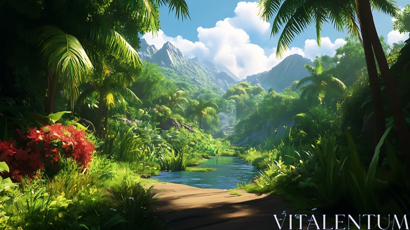 Sunlit jungle river quietly threads between emerald giants