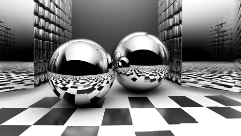 High-reflective chrome spheres in mirrored corridor with checkerboard