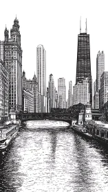 Ink cityscape over river with highrise skyline silhouettes.