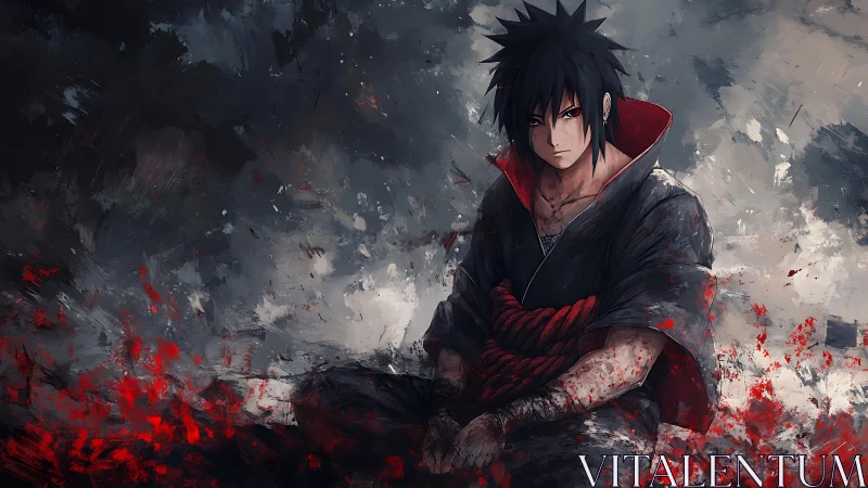 Silent warrior broods while crimson embers gnaw the dusk