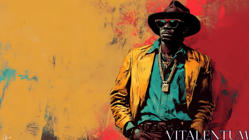 Stylized portrait of cool man in hat against bold colors.