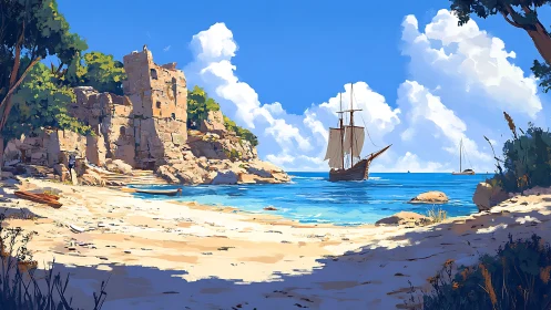 Coastal landscape with ruined fortification and anchored sailing vessel.