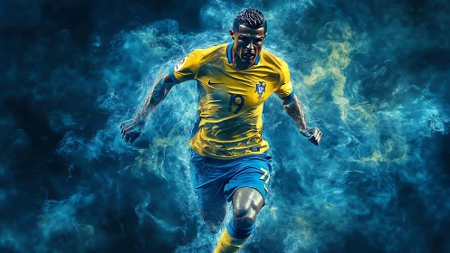 Electric footballer sprints through swirling blue energy storm