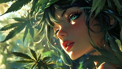 Green-eyed forest girl in vivid digital portrait.