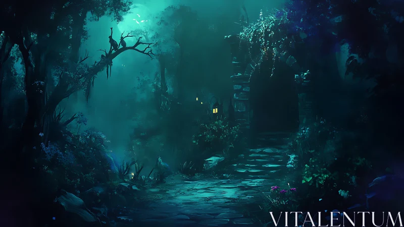 Moonlit forest ruin glows with eerie, beckoning lantern light