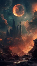 Crimson moon illuminates towering citadel in volcanic nebula