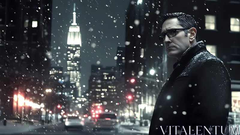 Brooding nightwalker under snowfall in neon-dimmed city hush.