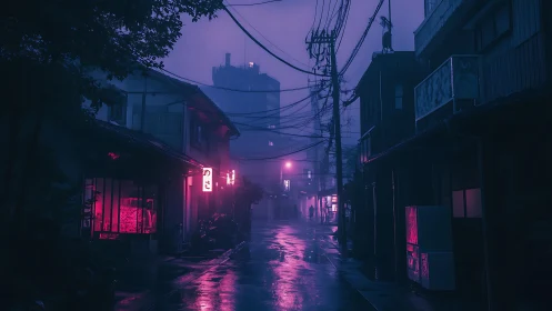 Rain slicked neon alley with overhead cables in misty twilight